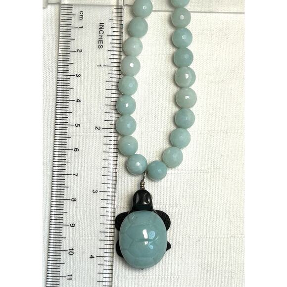 Handcrafted Aquamarine Beaded Necklace Carved Turtle Pendant Asian Symbolism - Picture 5 of 10